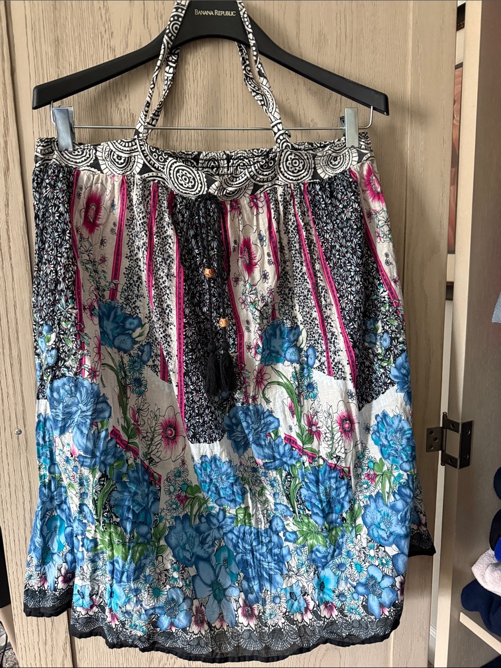 Banana Republic Blue Floral Tiered Boho Skirt with Pink Accents